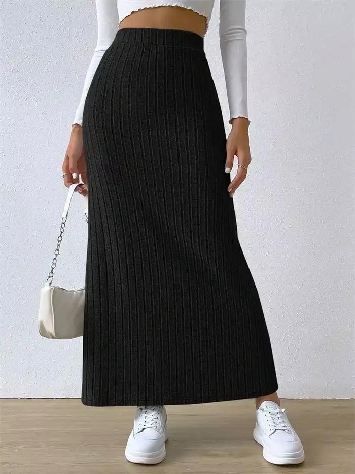 Femmes côtelé côté fendu Maxi jupe automne printemps décontracté élégant taille haute