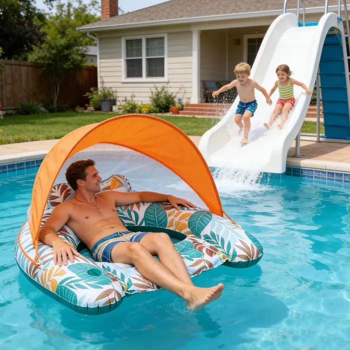 Chaise flottante pour piscine avec porte-gobelet / Chaise longue en forme de U avec parasol / Chaise flottante de loisirs pour piscine, radeau gonflable pour l'eau