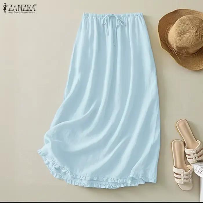 2026 ZANZEA Jupe Midi Femme Décontractée à Taille Élastique