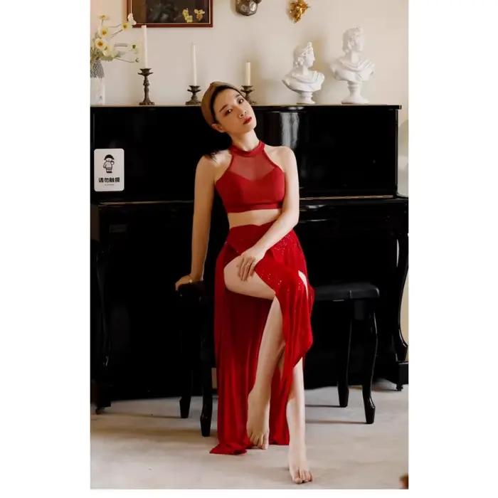 Jupe de danse du ventre élastique à paillettes à Double fente personnalisée