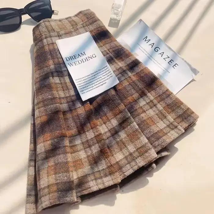Jupes plissées en laine à carreaux pour femmes automne hiver taille haute Preppy chaud Mini