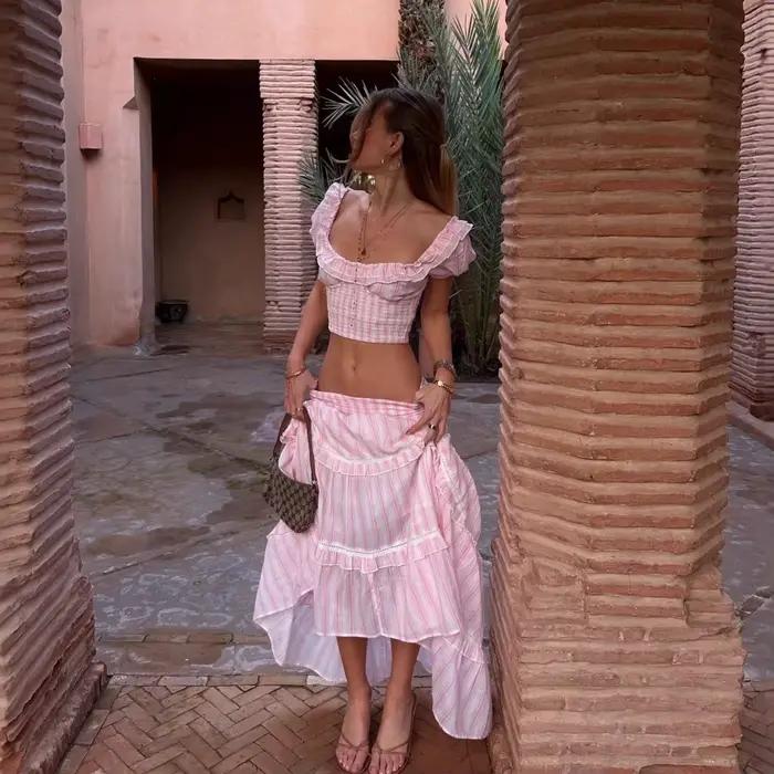 Ensemble deux pièces jupe rayée et haut court à col carré pour femme, printemps été, style décontracté, manches bouffantes, polyester, taille élastique, nouveau modèle bywindto