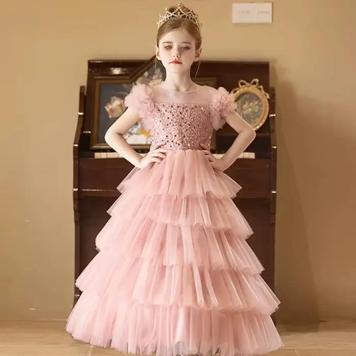 Robe longue 2025 rose paillettes filles robes de princesse vêtements enfants Pageant hôte Tulle fête d'anniversaire bébé robe enfants Costumes