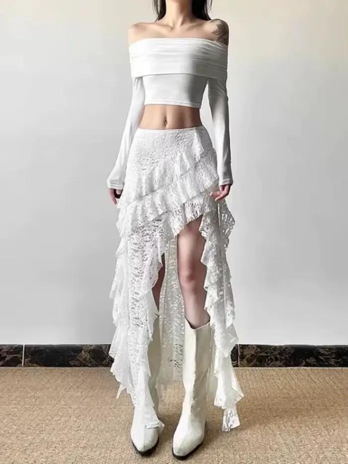 Jupe noire en dentelle Patchwork à volants pour femmes Y2k Grunge taille haute