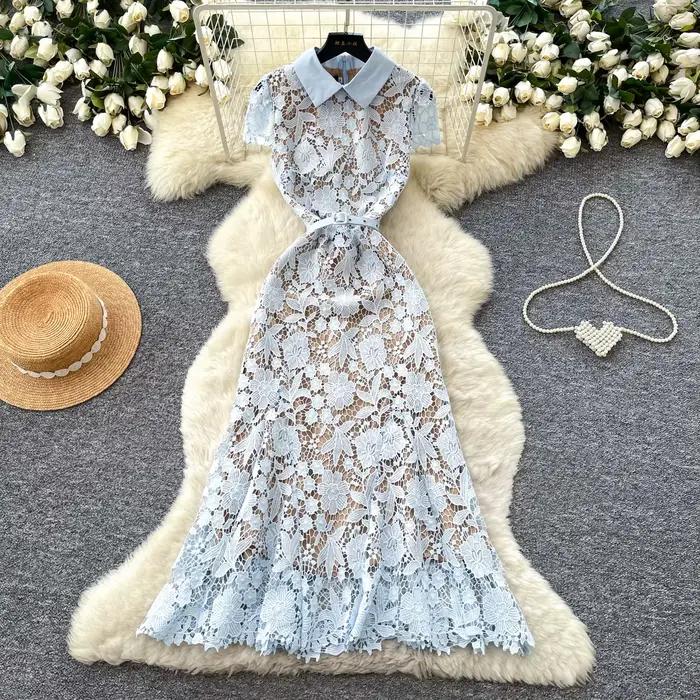 Robe longue rose pour femme avec col à revers