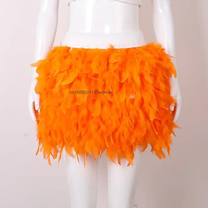 Mini-jupe en plumes moelleuses multicolores, taille haute élastique, pour carnaval, bal de promo, performance scénique, costume