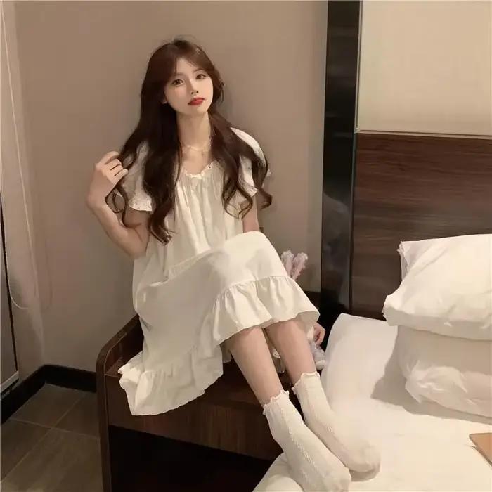 Chemises de nuit blanches mi-longues, pyjamas d'été, vêtements de maison pour femmes, nouvelle robe coréenne, vêtements de nuit sexy pour dormir, haut pour femme