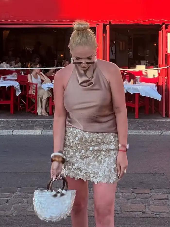 HH femmes été nouvelle mode taille haute mince solide paillettes Mini jupe femme Sexy hanche côté fermeture éclair Punk
