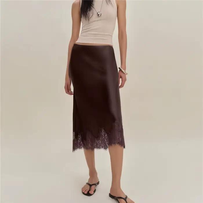 Hirigin femmes soie Satin demi Slip jupes longues dentelle Patchwork taille élastique jupe longue élégante soyeuse