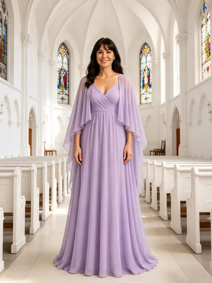 Robe de soirée longue en mousseline de soie lavande, col en V, avec cape, pour mère de la mariée ou du marié, robe de cérémonie pour invitées de mariage