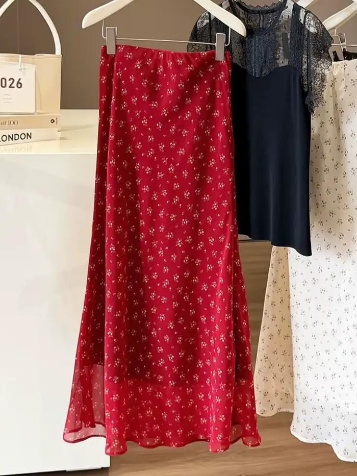 Jupe midi florale d'été pour femme en mousseline rouge respirante