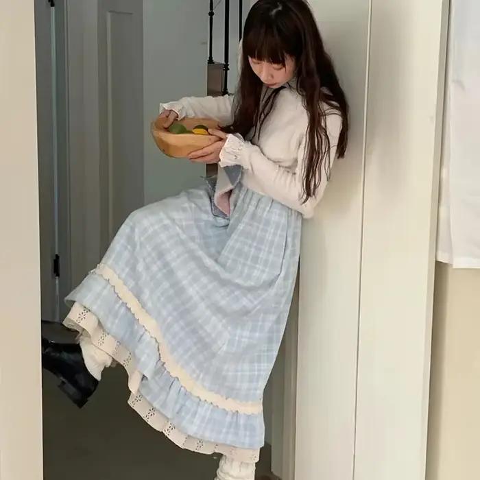 Japonais doux jupe longue femmes automne hiver bleu Plaid Vintage Preppy Patchwork jupes taille haute une ligne ample