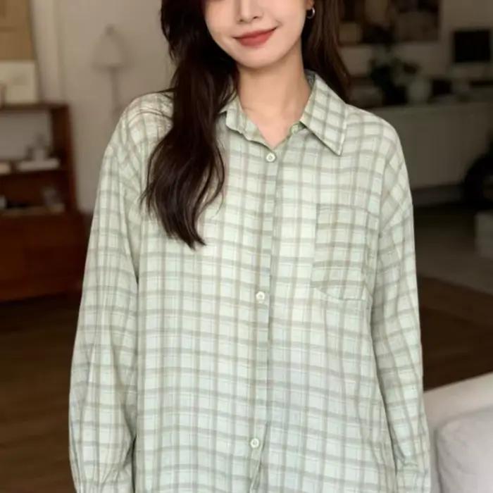 Chemises à carreaux pour femmes, chemise légère à manches longues boutonnée avec poche poitrine unique, hauts décontractés surdimensionnés, tenue printemps-été