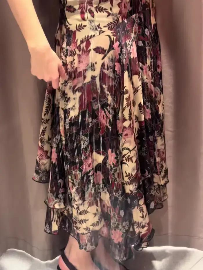 Nouvelle jupe mi-longue asymétrique à imprimé floral sexy pour femme