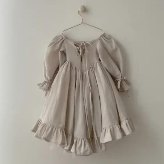 Jupe Lolita en coton et lin pour enfants, robe de princesse simple, col monochrome, rétro