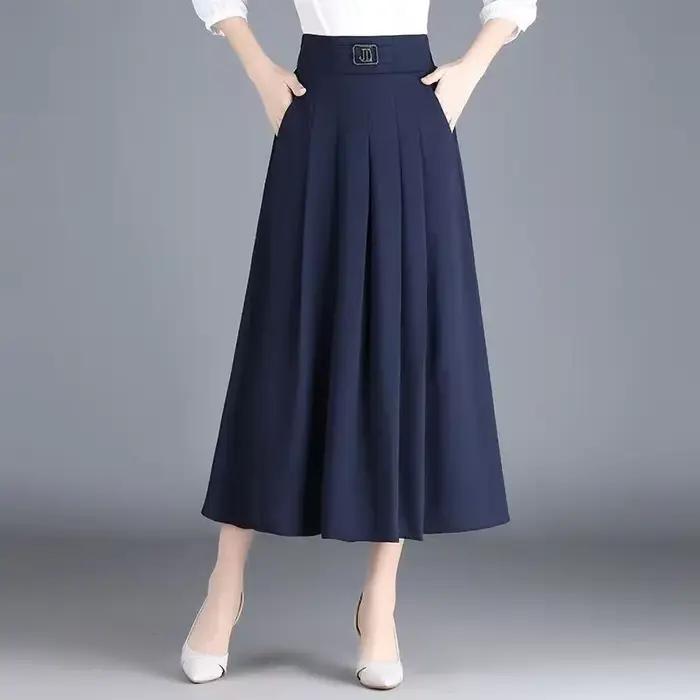 New Skirt Mid-length A-line Pleated Fashionable and Elegant Solid Color Versatile Casual High-waisted Large Hem