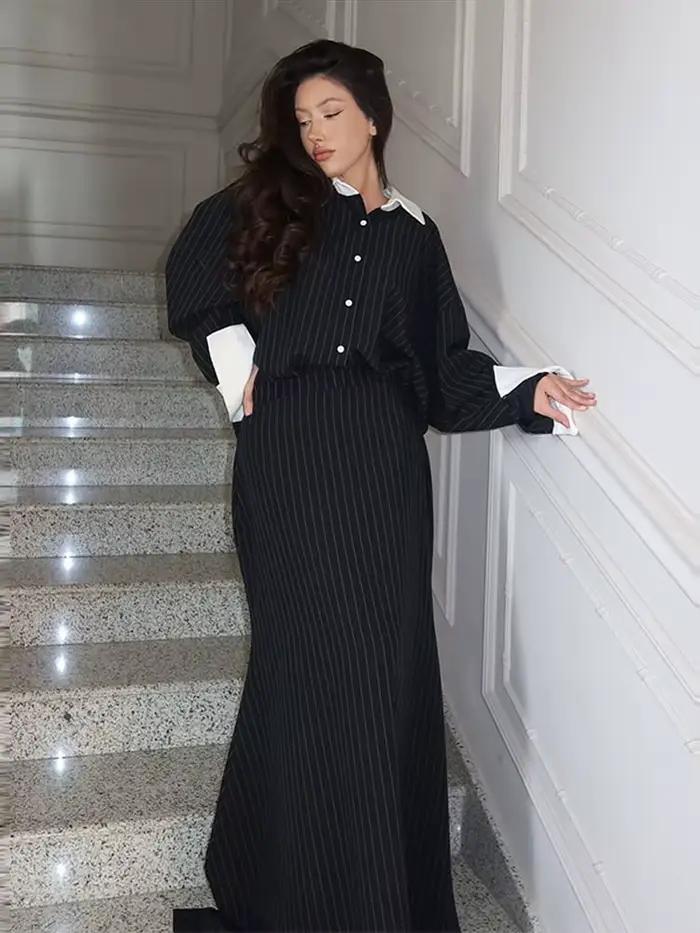Ensemble jupe à rayures élégante pour femmes, mode revers Patchwork, chemise à manches longues, paquet de hanches, jupes longues, tenues d'été et d'automne pour dames, 2025