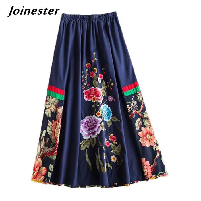 Jupe longue brodée florale pour femmes, en coton et lin, ethnique, ligne a, Midi, cercle complet, jupes de danse, vêtements d'automne