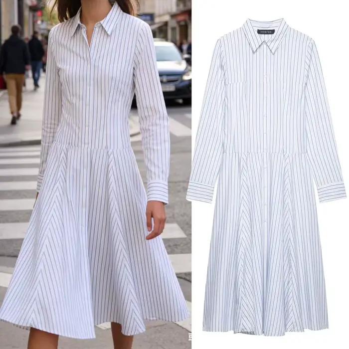 Robe midi style chemise rayée SAW Independent Station Nouvelle Arrivée Élégante Streetwear Polyester Manches Longues Col Polo Coupe A-Lin...