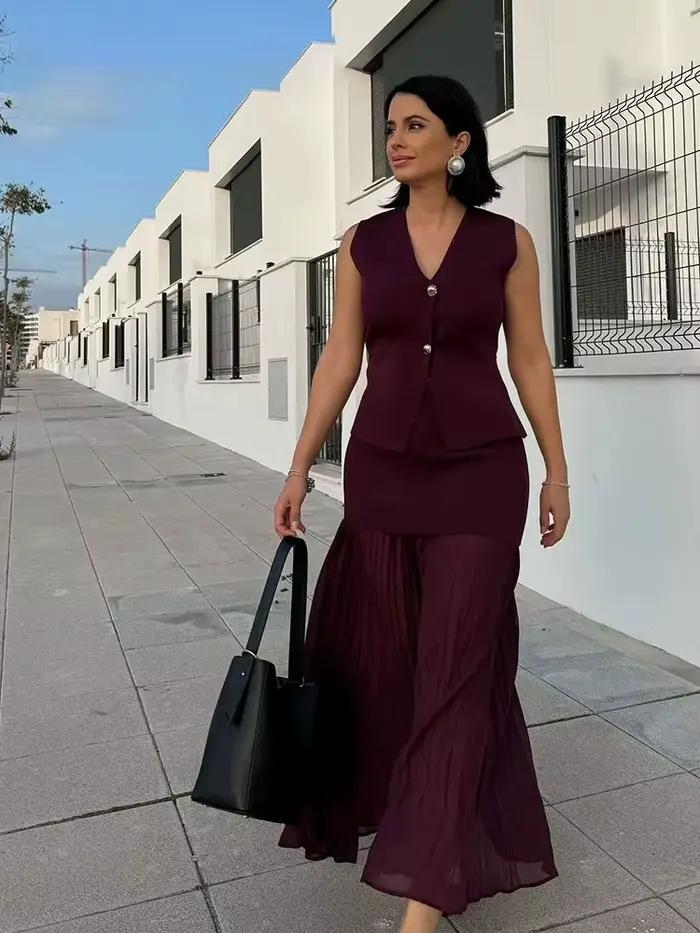 HH 2025 femmes jupe ensemble vin rouge tricoté col en v sans manches mince gilet + solide taille haute fermeture éclair