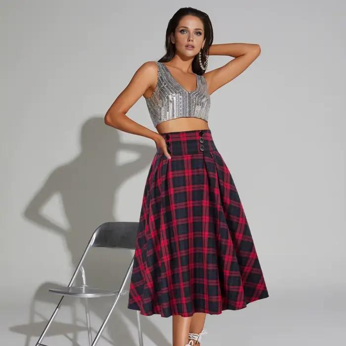 Jupe midi à imprimé écossais pour femmes, style rétro, coupe trapèze, effet amincissant, automne hiver, sortie nocturne