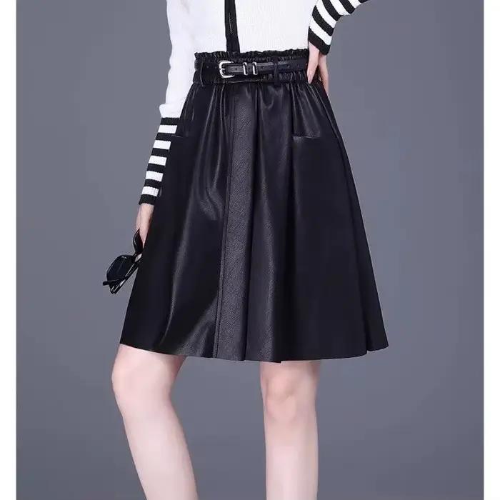 Jupe trapèze taille haute en cuir PU pour femme