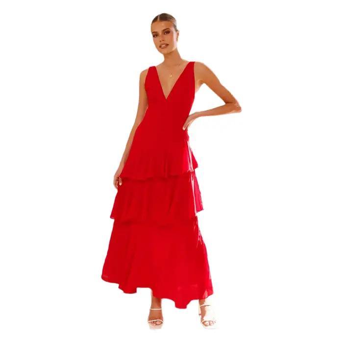 Robe longue à col en V, couleur unie, avec ceinture, style vacances d'été, jupe à volants, en polyester, sans manches, taille mi-haute, fraîche et élégante