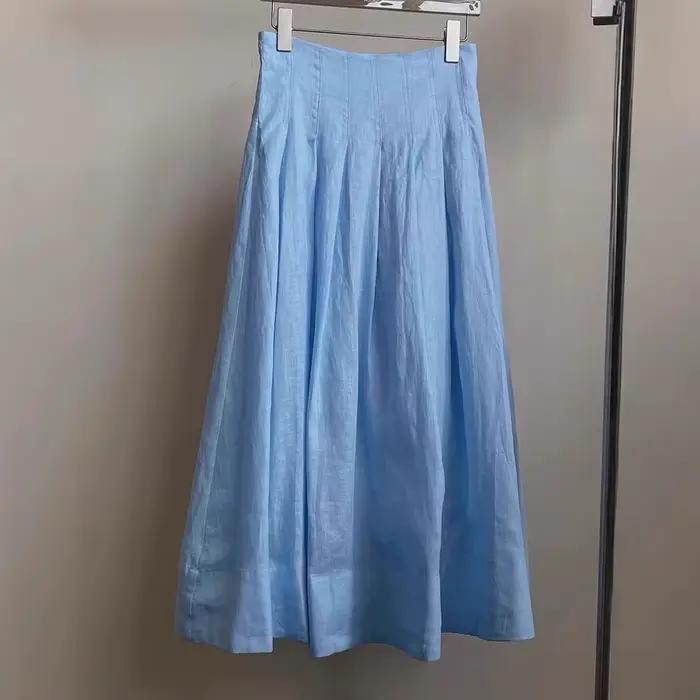 Jupe licou bleue en lin Lyocell plissé haut de gamme pour femmes