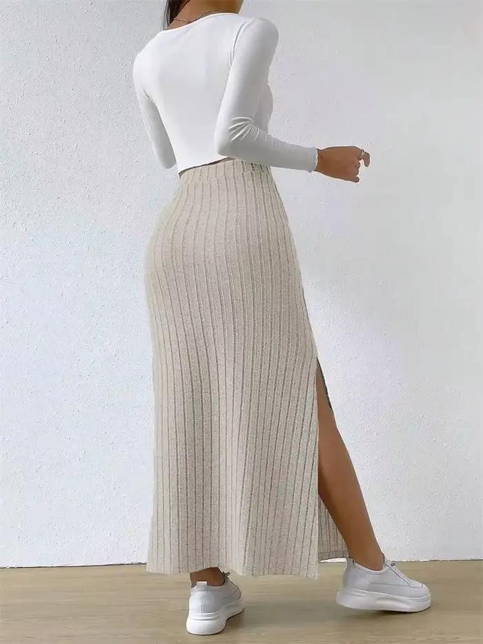 Femmes côtelé côté fendu Maxi jupe automne printemps décontracté élégant taille haute