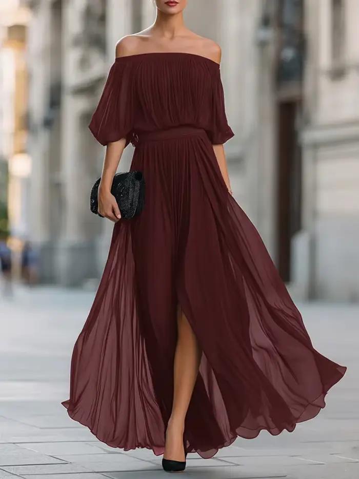 Robe longue décontractée pour femme à manches mi-longues, unie, élégante, fendue, taille haute, en mousseline, pour soirée, sexy, épaules dénudées, pour les vacances d'été