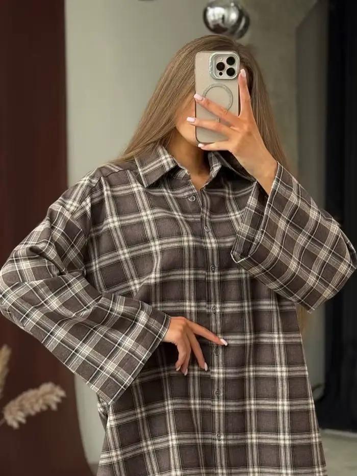 Chemisier ample à carreaux pour femme, manches longues, avec cordon de serrage, simple boutonnage, style vintage, décontracté, pour le printemps