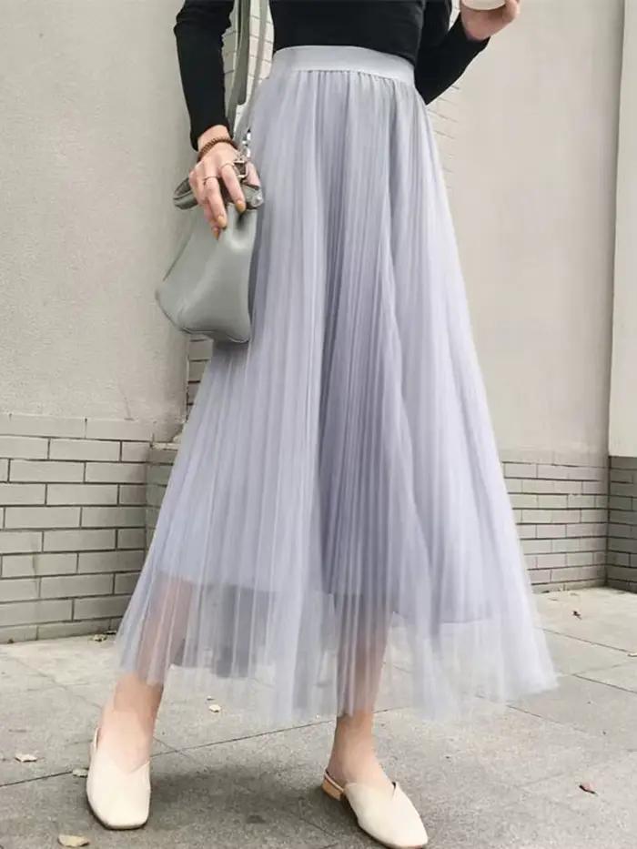 Femmes élégantes jupe en Tulle mode coréenne maille blanc une ligne dames