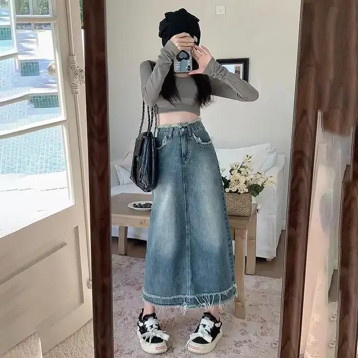 Jupes en jean pour femmes bleu taille haute frange femme jupe