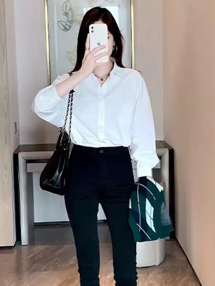 Chemisier blanc à manches longues pour femme, style vintage polyvalent, idéal pour le bureau ou comme sous-vêtement décontracté