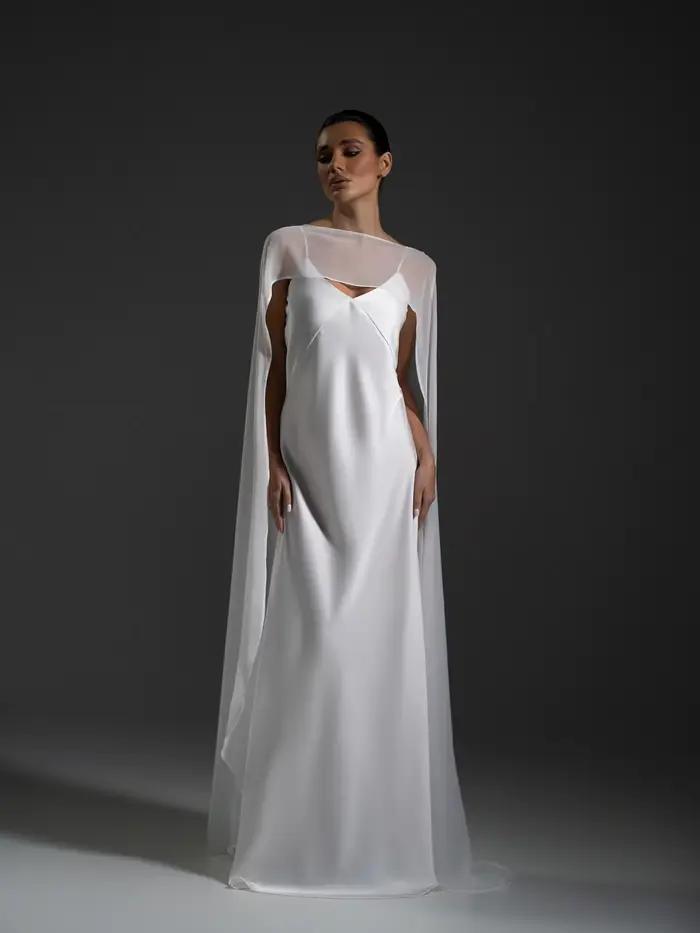 Robes de soirée de mariage en satin blanc avec cape transparente, décolleté en V profond, en taffetas, coupe trapèze, longue, sans manches, pour mariée