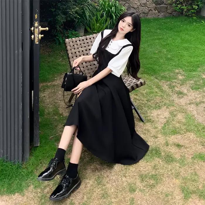 Robe longue trapèze à col Claudine de style français, taille haute, coupe ajustée, manches courtes, pour femme, style basique, patchwork, couleur unie
