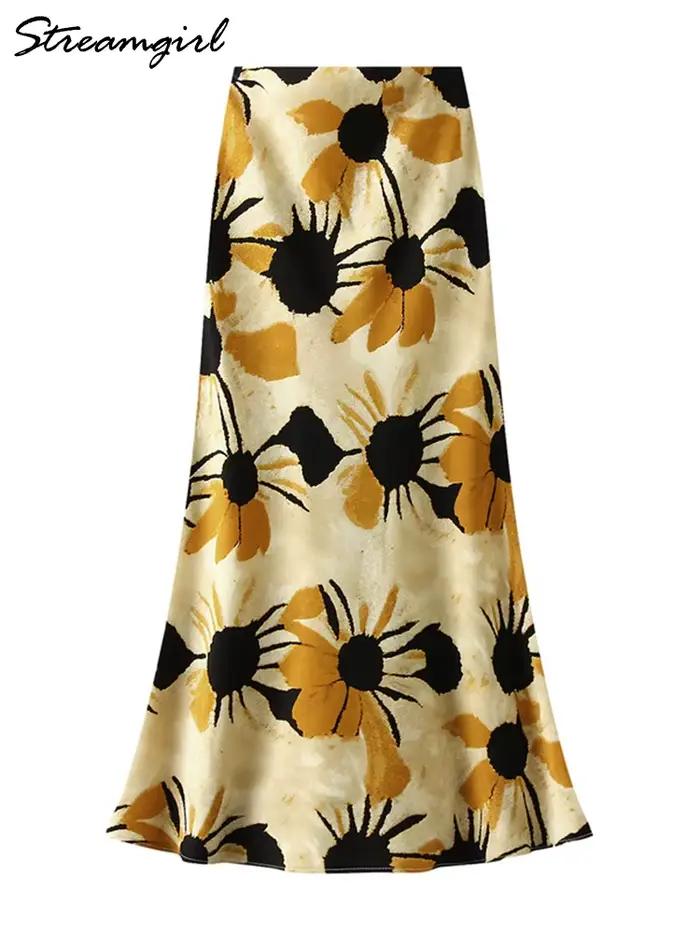 Vintage imprimé jupes femmes longue une ligne Satin