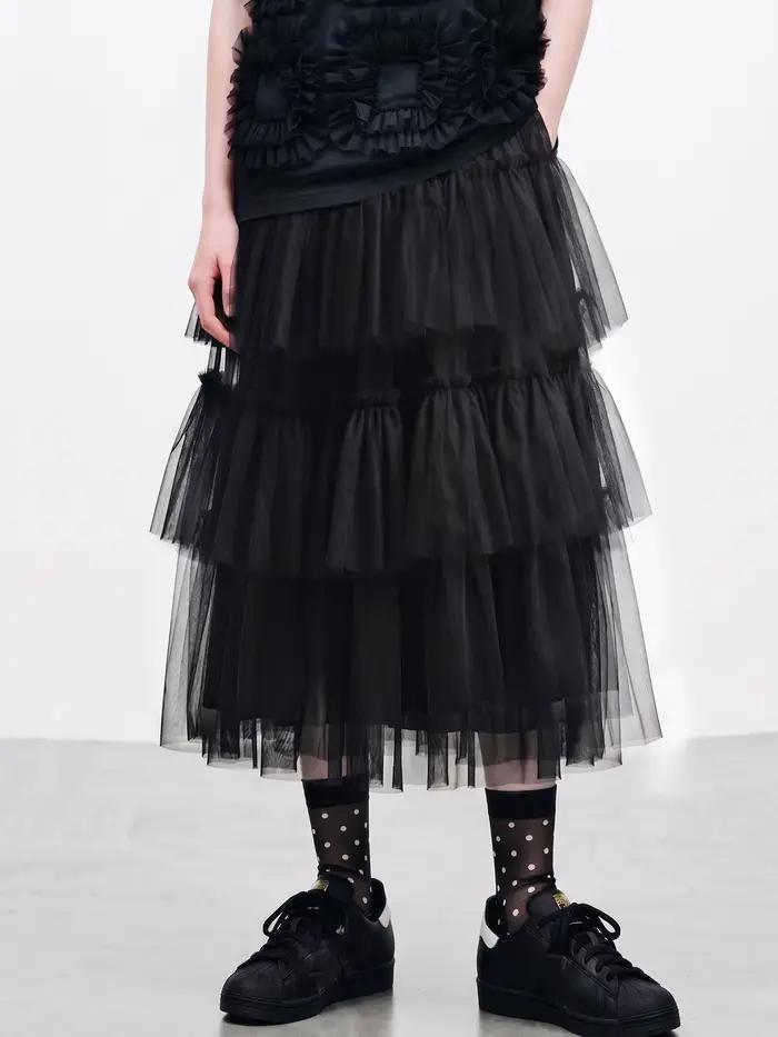 Jupes pour femmes imakokoni, vêtements féminins, style forestier, jupe noire à volants, jupe mi-longue taille haute en forme de A pour le printemps