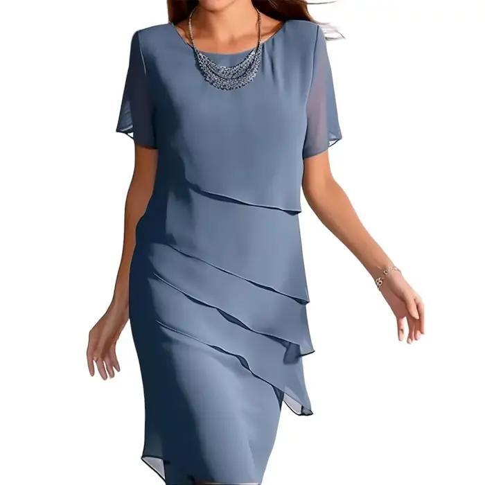 Robe mi-longue en mousseline de soie pour femmes, ligne a, col rond, manches courtes, élégante, robe de soirée, couleur unie, été 2025