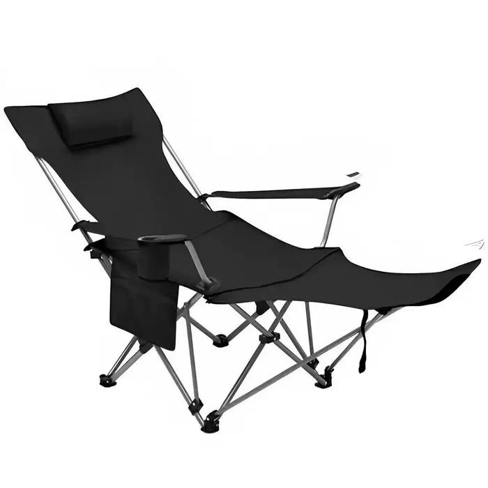 Chaise longue pliante d'extérieur avec repose-pieds et appui-tête, chaise de camping pliable robuste avec porte-gobelet et poche de rangement