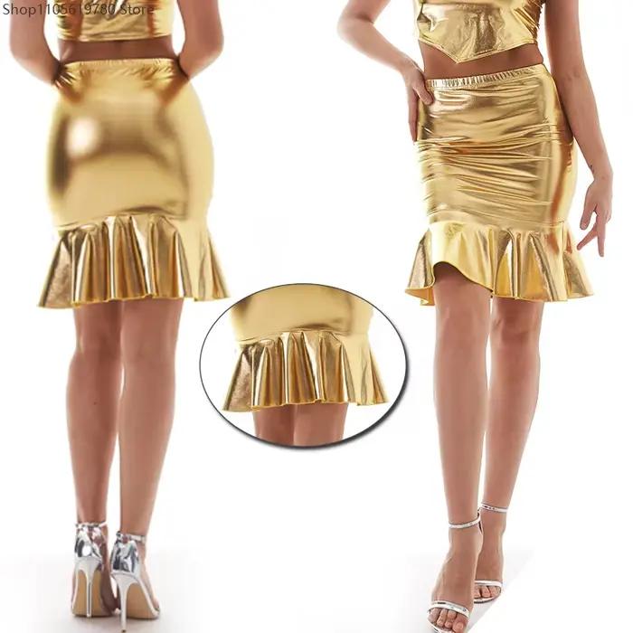 Jupes crayon pour femmes, style clubwear, en cuir verni brillant métallisé, avec ourlet à volants, coupe sirène, pour cocktails, soirées, raves et carnaval