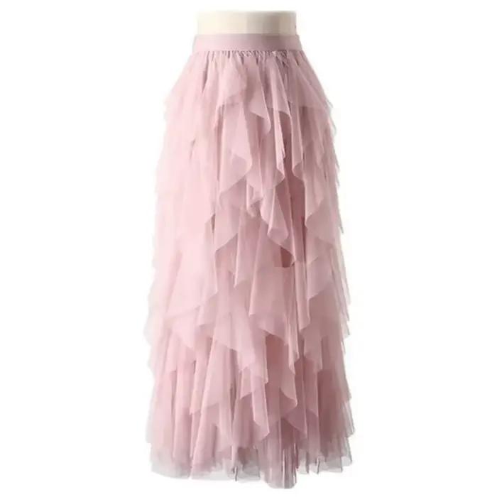 Jupe longue plissée évasée en tulle et gaze à taille haute élastique pour femme