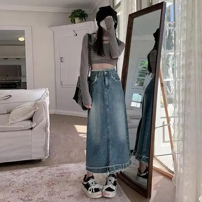 Jupes en jean pour femmes bleu taille haute frange femme jupe