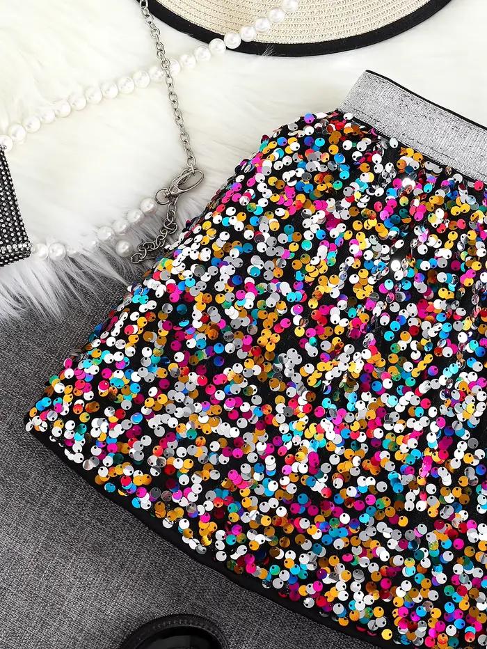 Printemps et automne nouvelle jupe trapèze taille haute à paillettes brillantes pour filles; Une seule pièce