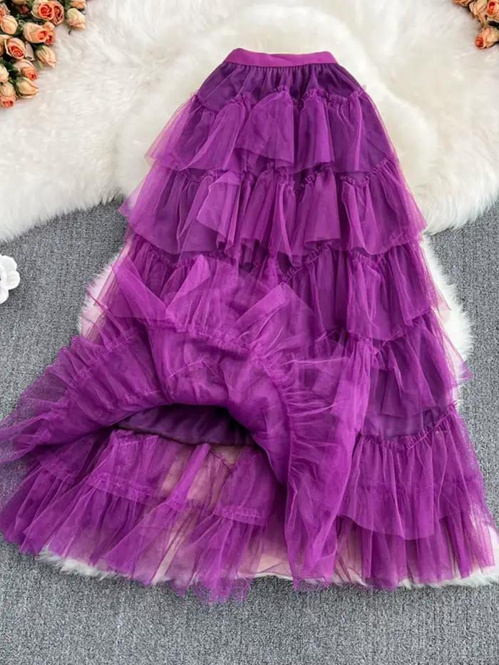 Tutu Tulle jupes longues femmes 2024 printemps coréen solide une ligne taille haute maille à plusieurs niveaux Maxi jupe femme Faldas esthétique