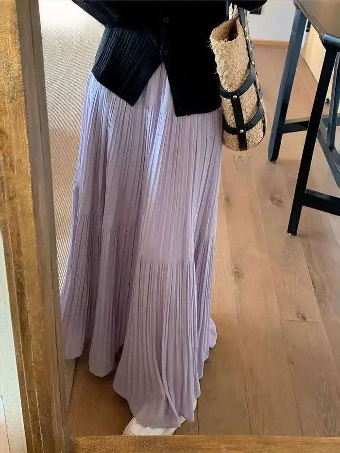 Nouvelle jupe plissée trapèze longue taille haute en gaze fine pour femme