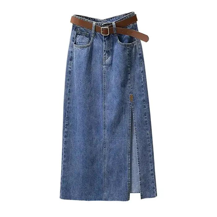 Soldes Exceptionnelles : Jupe en Jean Brodé Taille Haute pour Femme