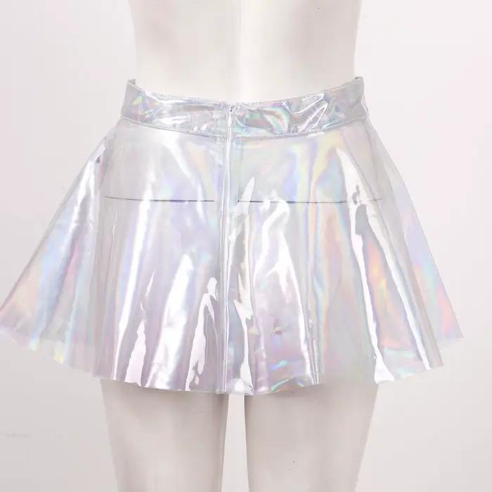 Sexy Club Rave a-ligne Mini jupe E fille Punk fée femmes brillant taille haute fermeture éclair dos transparent