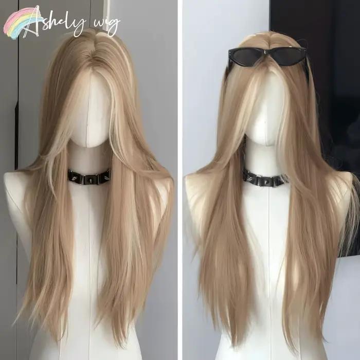 Perruque Blonde pour femmes longue ligne droite Blonde marron perruque asiatique américaine dentelle avant perruque synthétique pour usage quotidien Cosplay Ombre Peluca