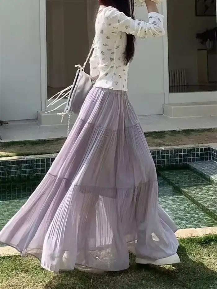 Nouvelle jupe plissée trapèze longue taille haute en gaze fine pour femme